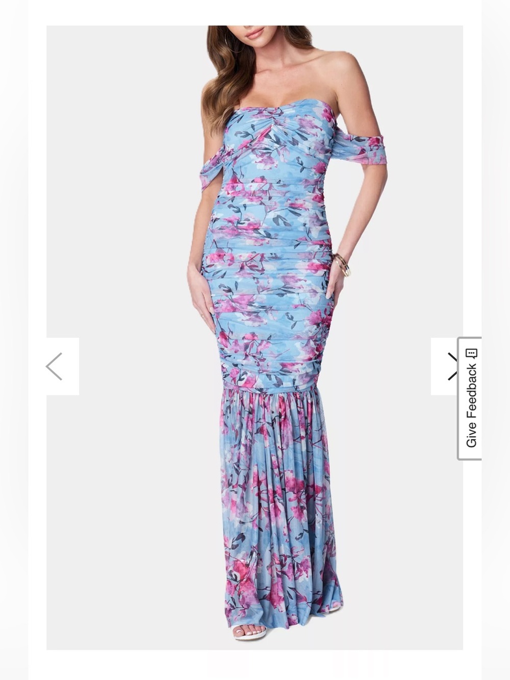 NWOT Bebe Off Shoulder Ruched Floral Mesh Gown - size Large